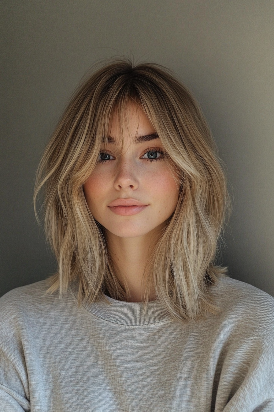 10. Curtain Bangs Lob in Sandy Blonde (Long Bob Hairstyles) - Long Bob Hairstyles