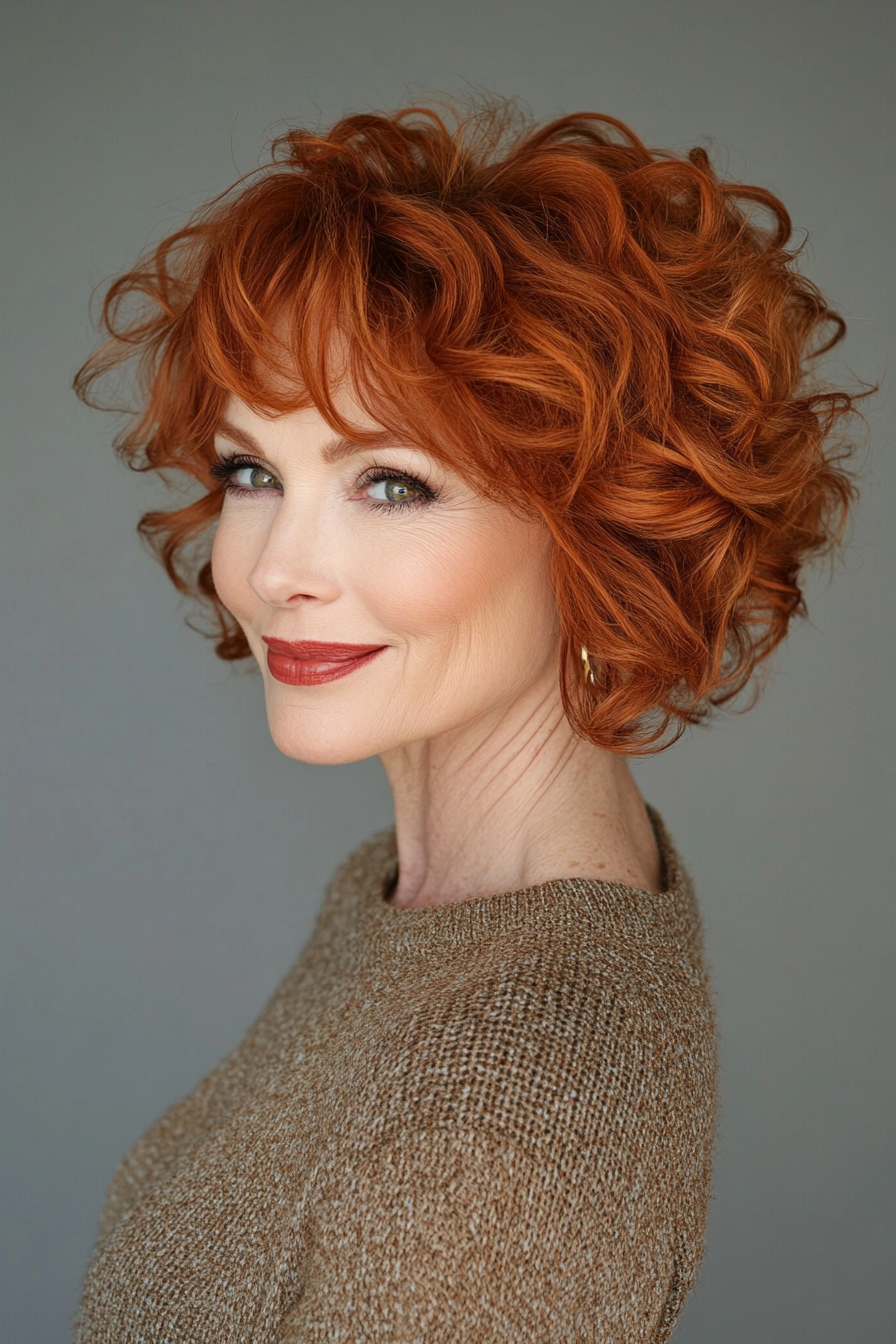 11. Jaw-Length Curls with Copper Highlights (Short Curly Hairstyles For Older Women) - Short Curly Hairstyles For Older Women