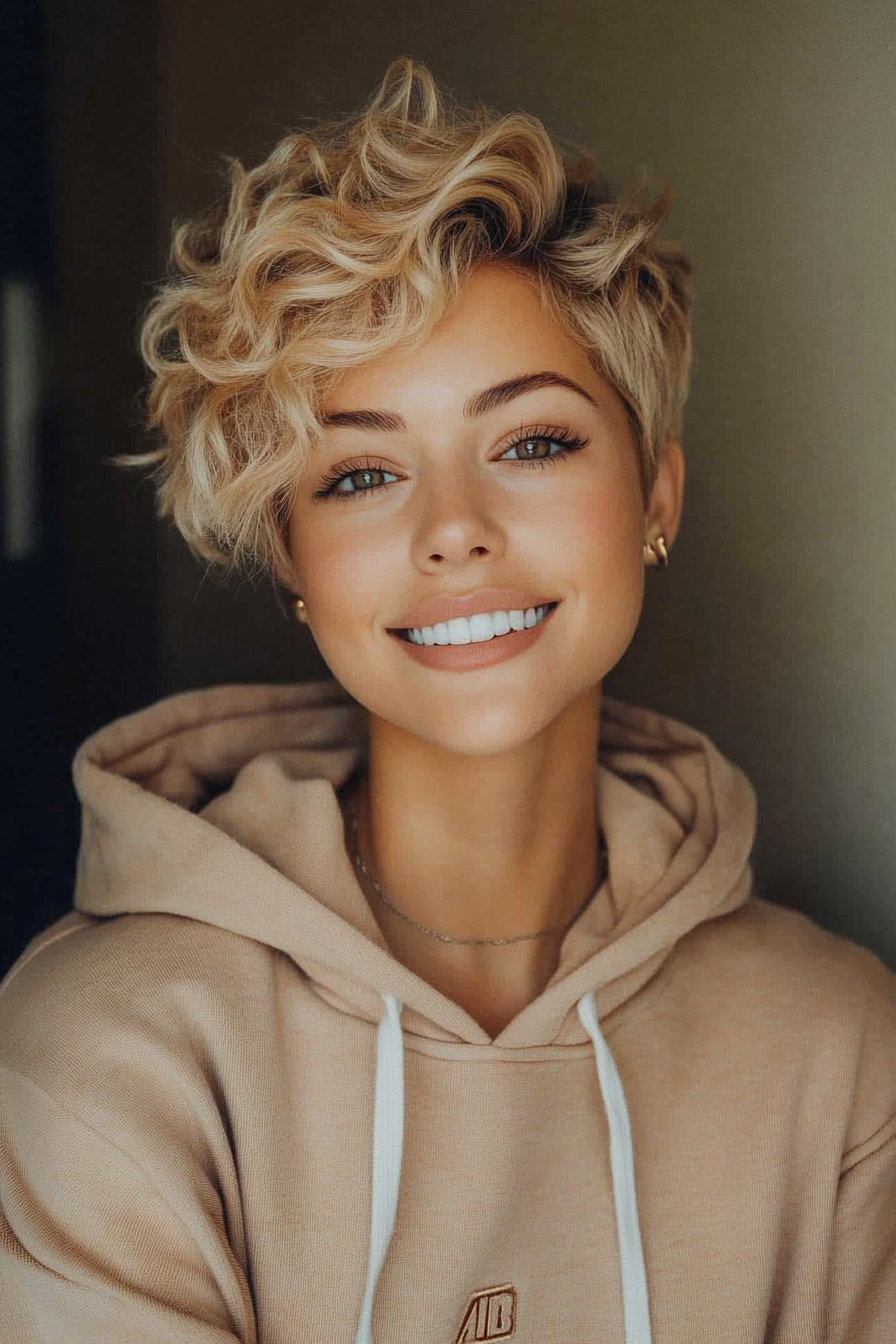 12. Honey Blonde Curly Pixie (Long Pixie Cuts) - Long Pixie Cuts