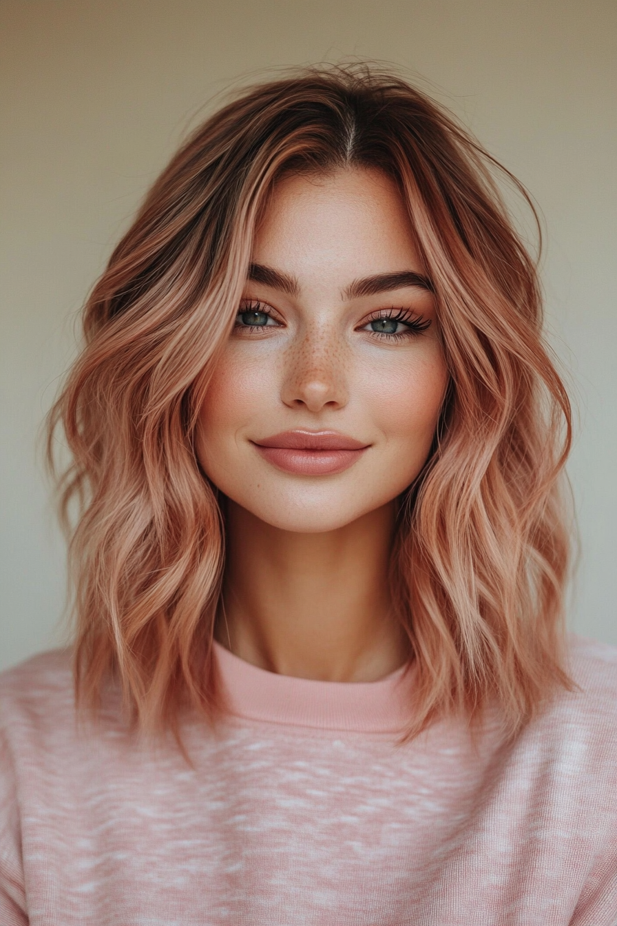 12. Wavy Lob with Rose Gold Tones (Long Bob Hairstyles) - Long Bob Hairstyles