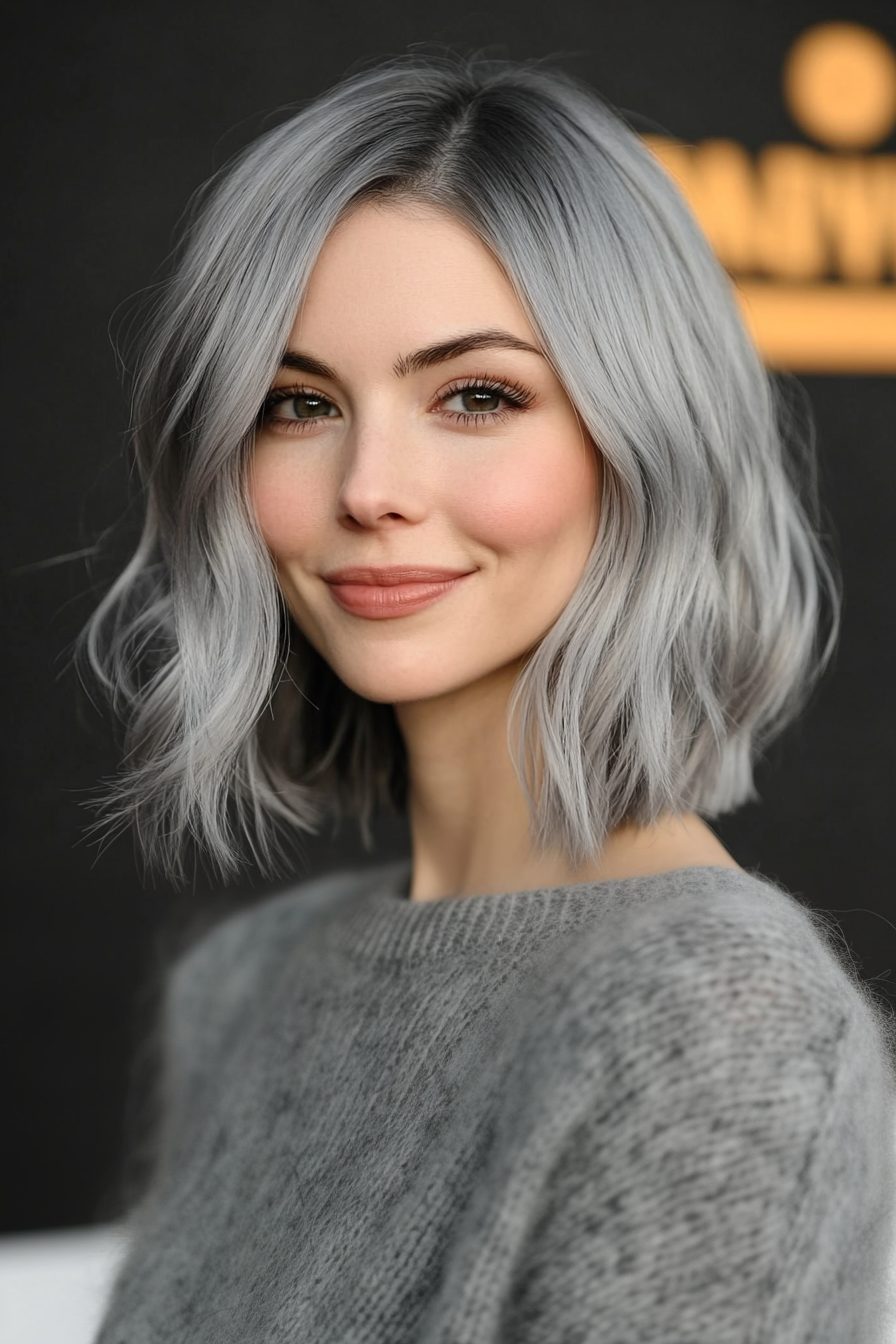 14. Feathered Lob in Silver Gray (Long Bob Hairstyles) - Long Bob Hairstyles