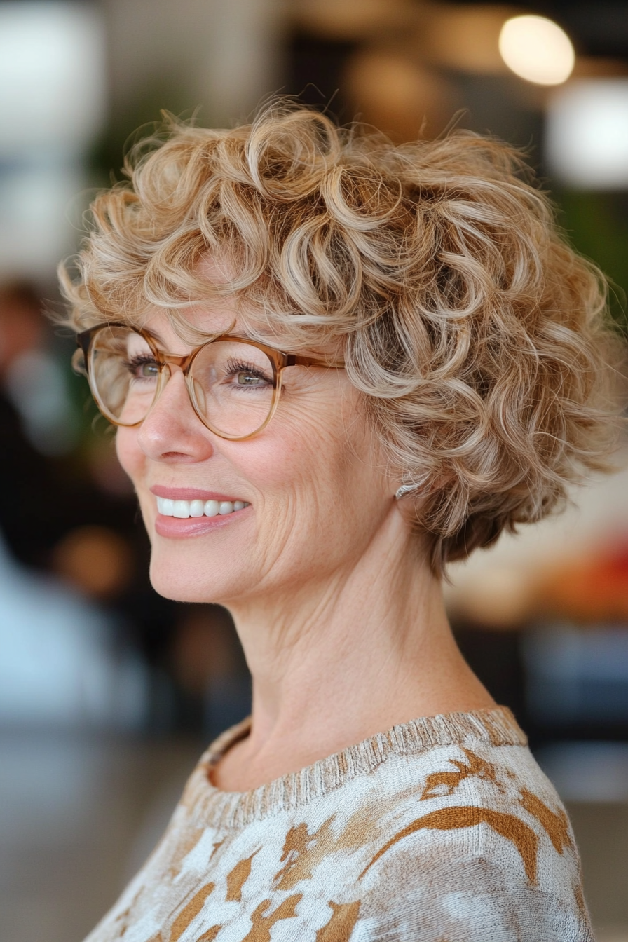 15. Short Curly Bob with Blonde Balayage (Short Curly Hairstyles For Older Women) - Short Curly Hairstyles For Older Women
