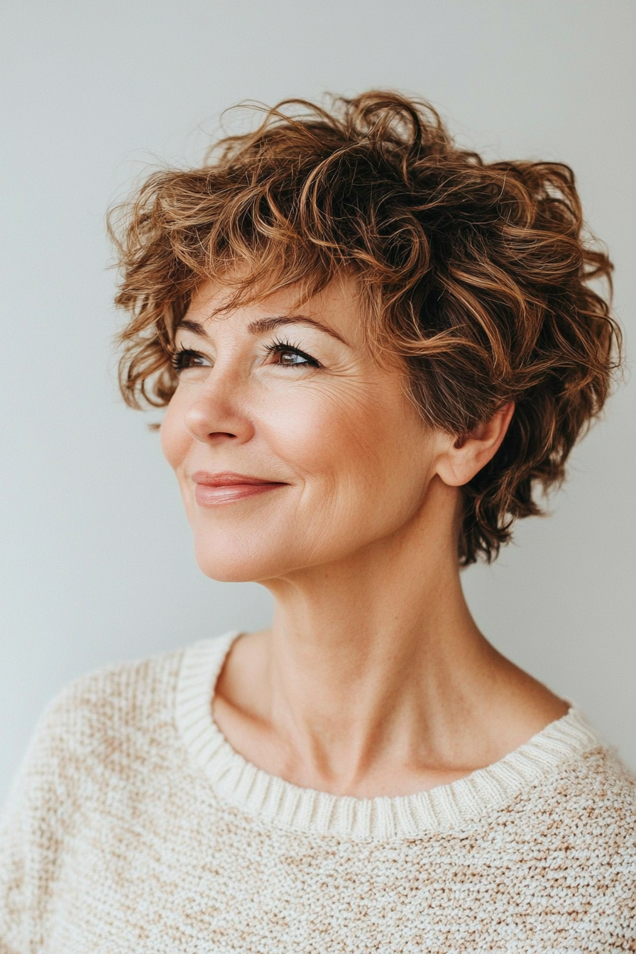 16. Messy Curly Pixie with Warm Brown Highlights (Short Curly Hairstyles For Older Women) - Short Curly Hairstyles For Older Women