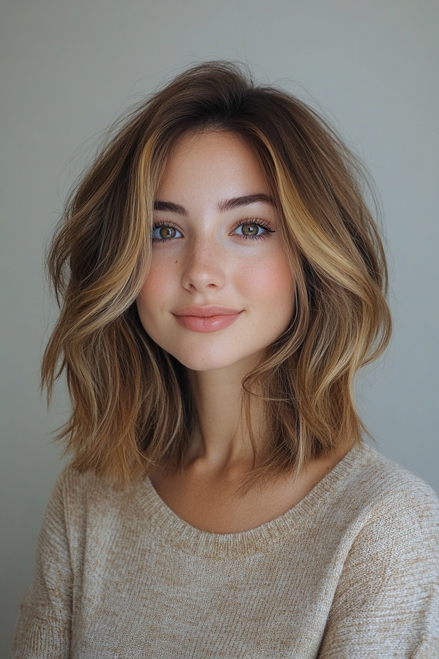 18. Soft Layered Lob with Golden Highlights (Long Bob Hairstyles) - Long Bob Hairstyles