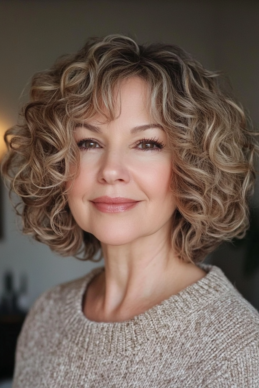 19. Short Curly Bob with Caramel Lowlights (Short Curly Hairstyles For Older Women) - Short Curly Hairstyles For Older Women