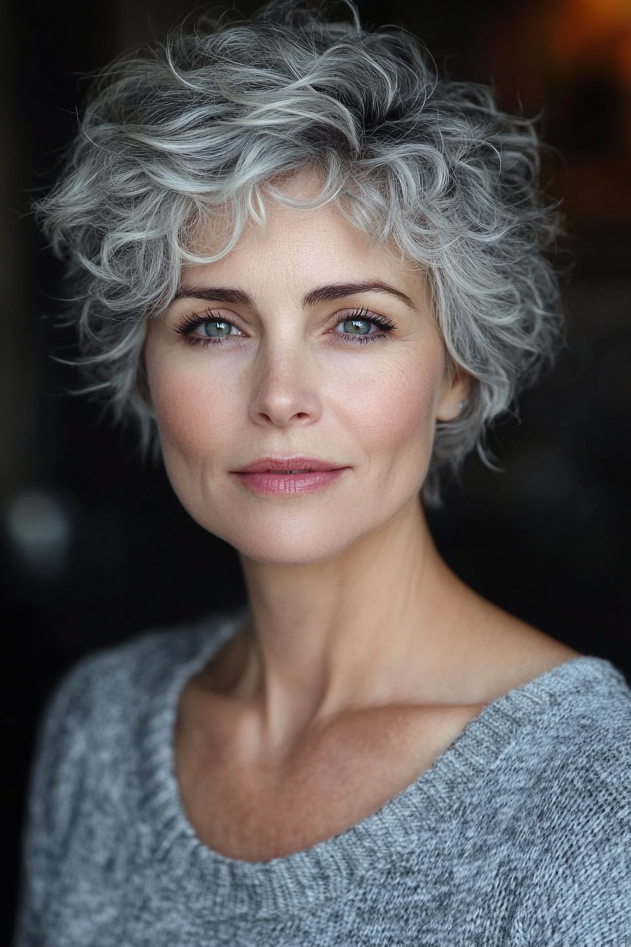 2. Short Curly Pixie with Silver Highlights (Short Curly Hairstyles For Older Women) - Short Curly Hairstyles For Older Women