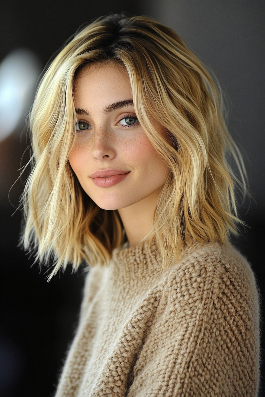 20. Choppy Lob in Warm Beige Blonde (Long Bob Hairstyles) - Long Bob Hairstyles