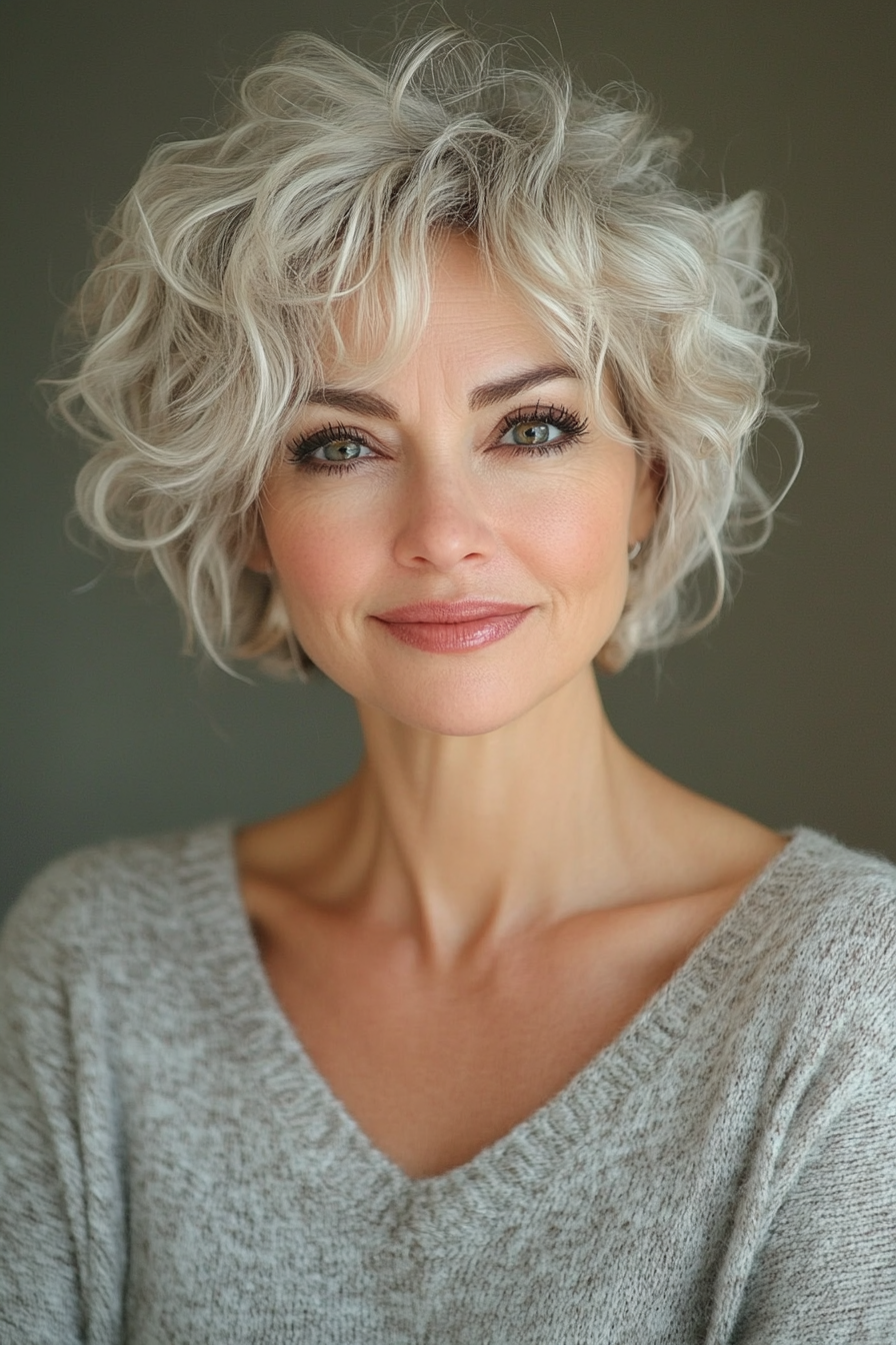 21. Curly Pixie with Platinum Blonde Highlights (Short Curly Hairstyles For Older Women) - Short Curly Hairstyles For Older Women