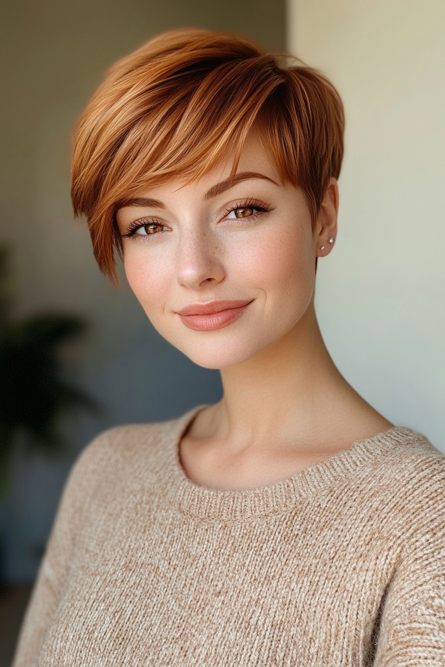 23. Golden Copper Pixie with Side Fringe (Very Short Pixie Haircuts) - Very Short Pixie Haircuts