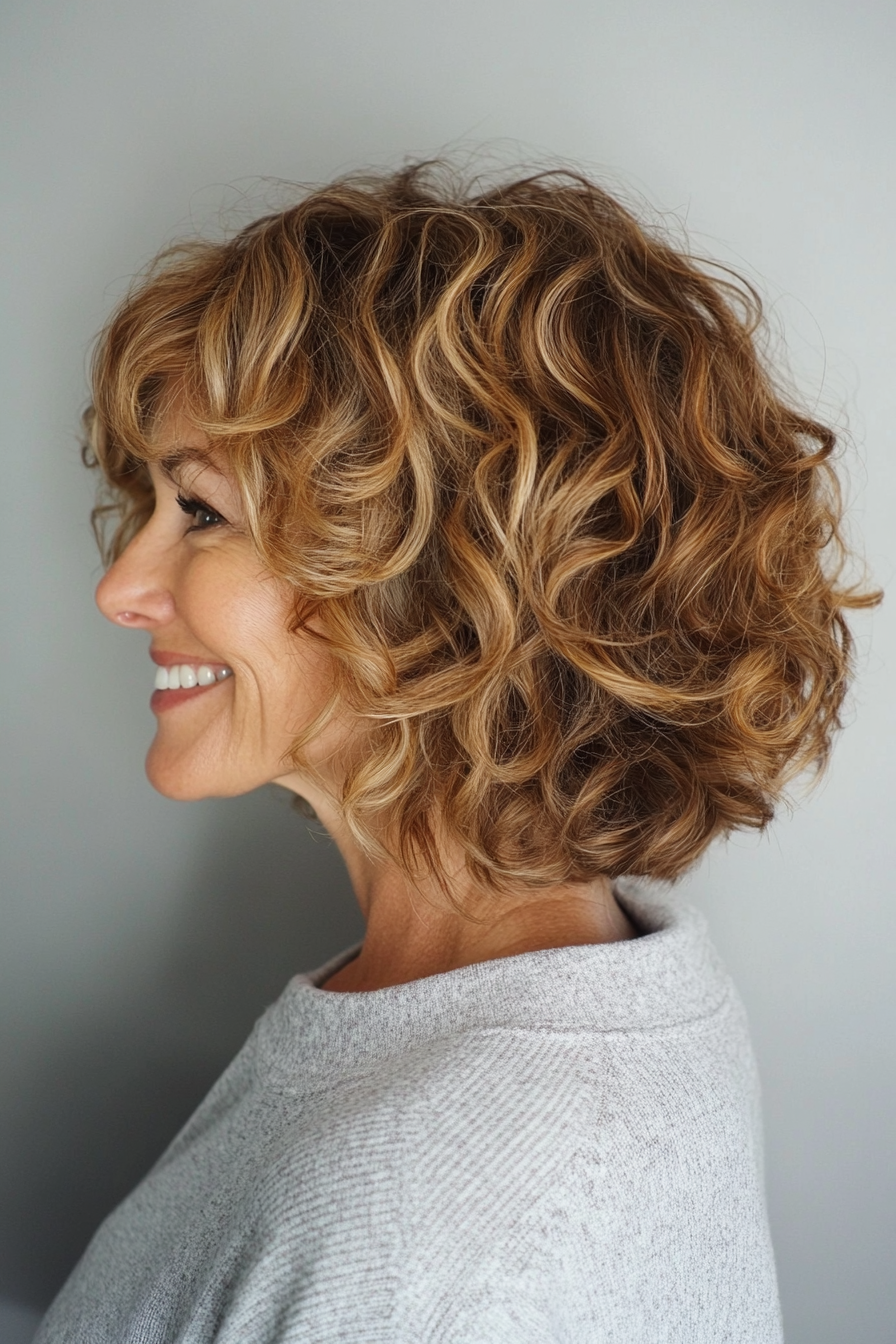 23. Layered Curly Bob with Honey Blonde Highlights (Short Curly Hairstyles For Older Women) - Short Curly Hairstyles For Older Women