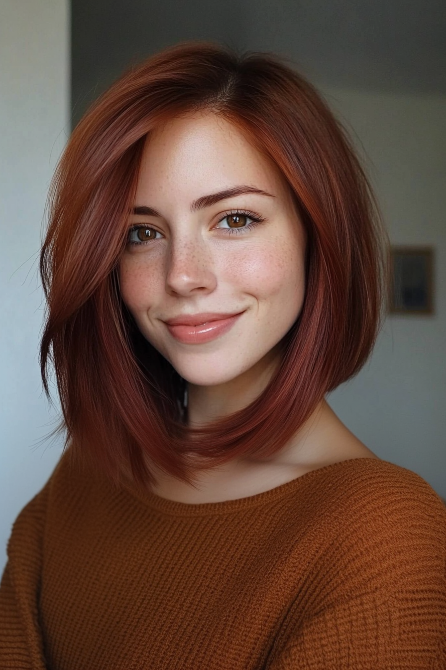 24. Deep Side-Part Lob in Copper Brown (Long Bob Hairstyles) - Long Bob Hairstyles