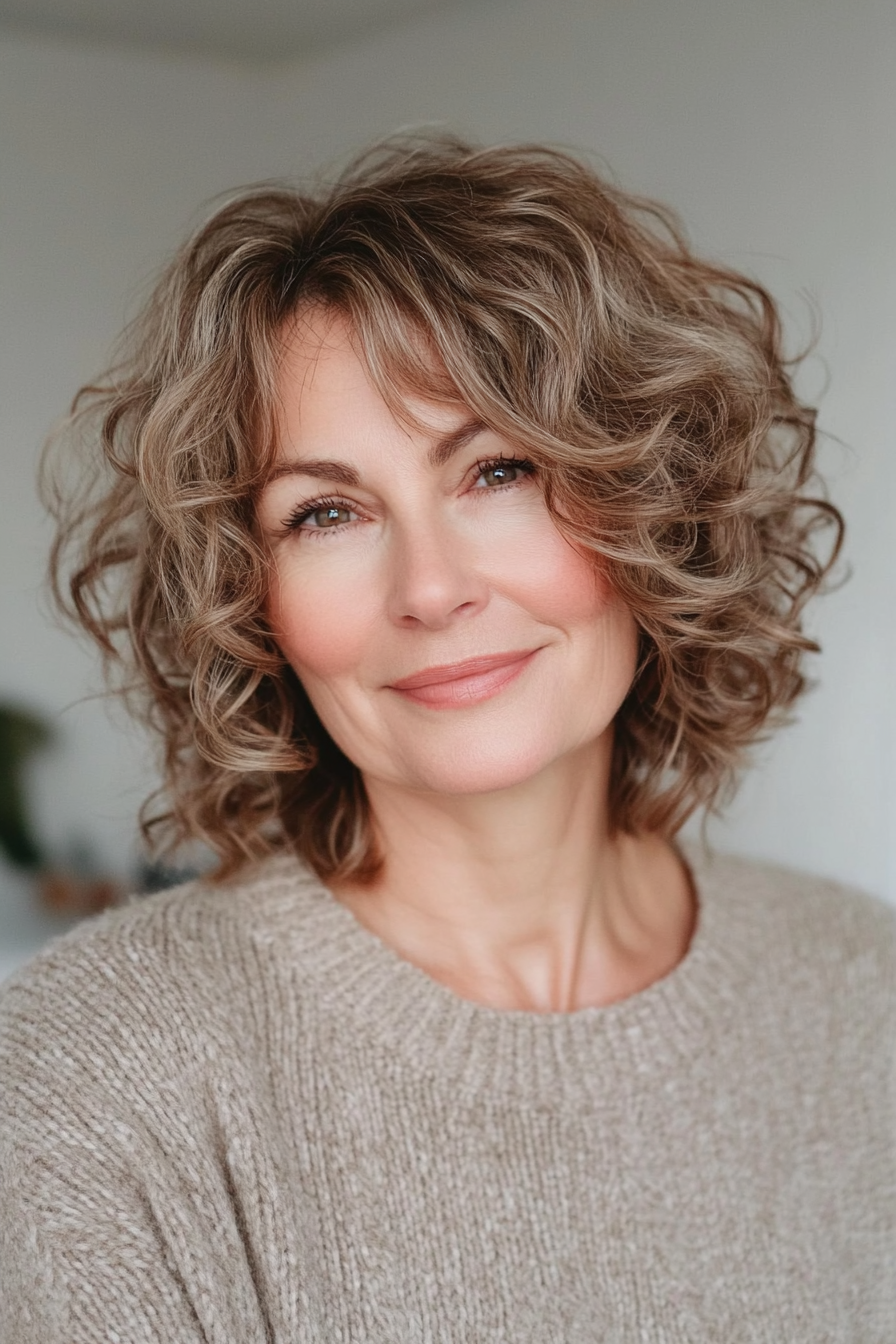25. Loose Curls with a Deep Side Part in Light Brown (Short Curly Hairstyles For Older Women) - Short Curly Hairstyles For Older Women