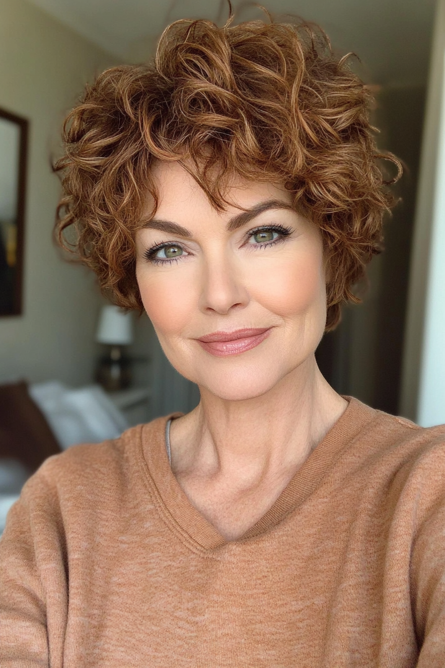 26. Curly Pixie with Textured Layers in Chestnut Brown (Short Curly Hairstyles For Older Women) - Short Curly Hairstyles For Older Women