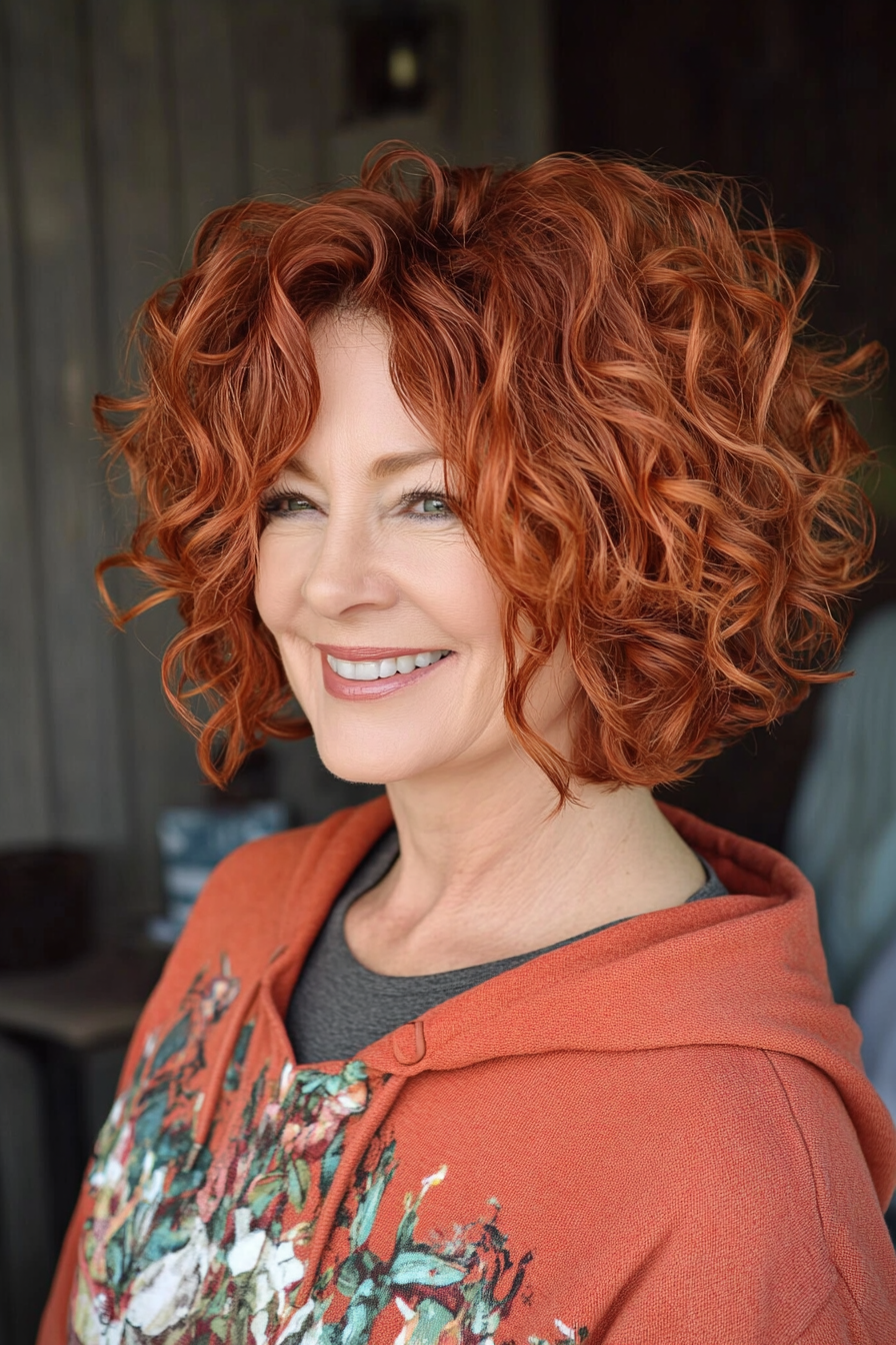 28. Curly Bob with Soft Curls in Mahogany Red (Short Curly Hairstyles For Older Women) - Short Curly Hairstyles For Older Women