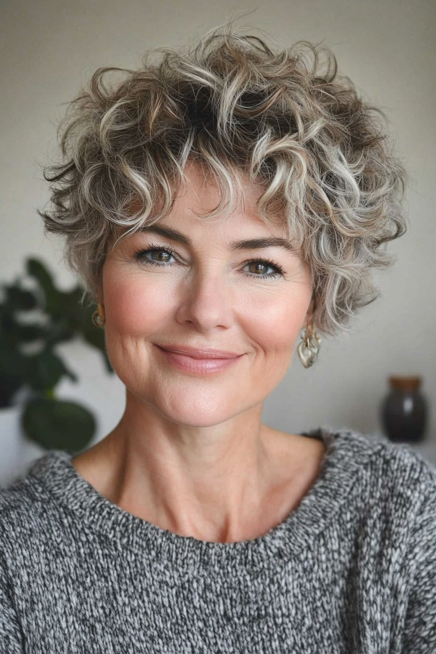 29. Short Curly Pixie with Frosted Blonde Highlights (Short Curly Hairstyles For Older Women) - Short Curly Hairstyles For Older Women