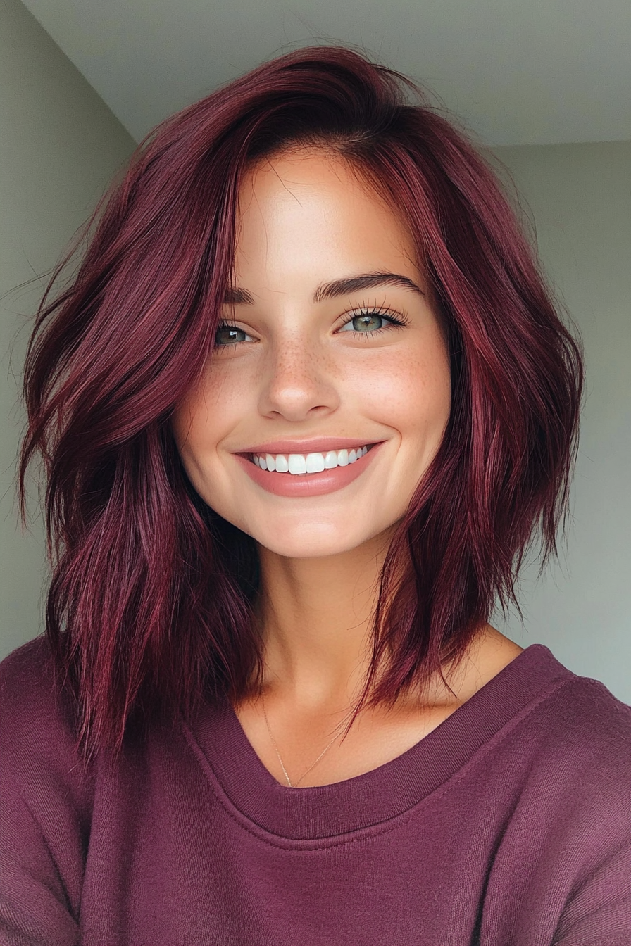 29. Side-Swept Lob in Dark Burgundy (Long Bob Hairstyles) - Long Bob Hairstyles