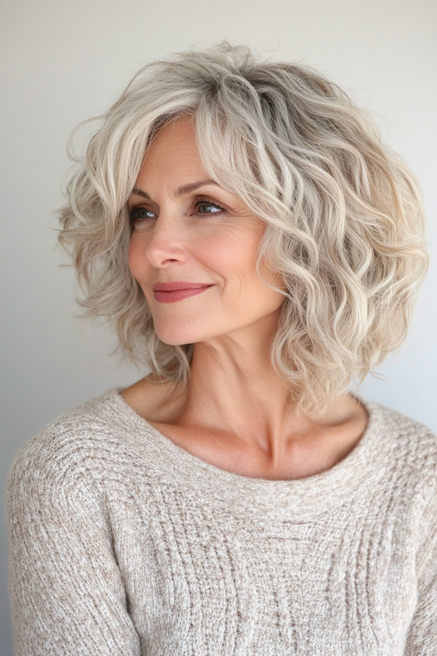 3. Messy Jaw-Length Curls in Ash Blonde (Short Curly Hairstyles For Older Women) - Short Curly Hairstyles For Older Women