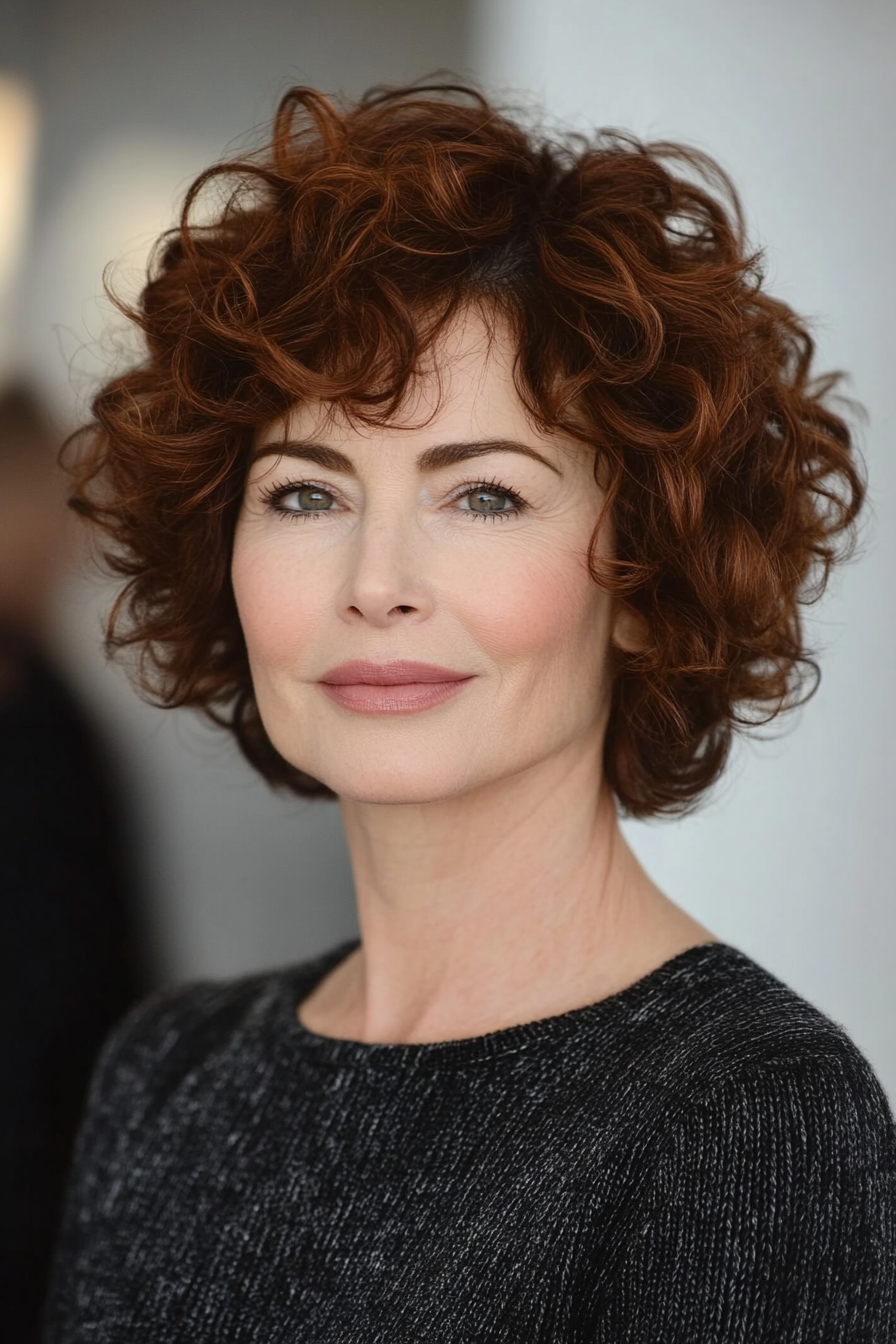 30. Voluminous Curls with Side Swept Bangs in Dark Auburn (Short Curly Hairstyles For Older Women) - Short Curly Hairstyles For Older Women