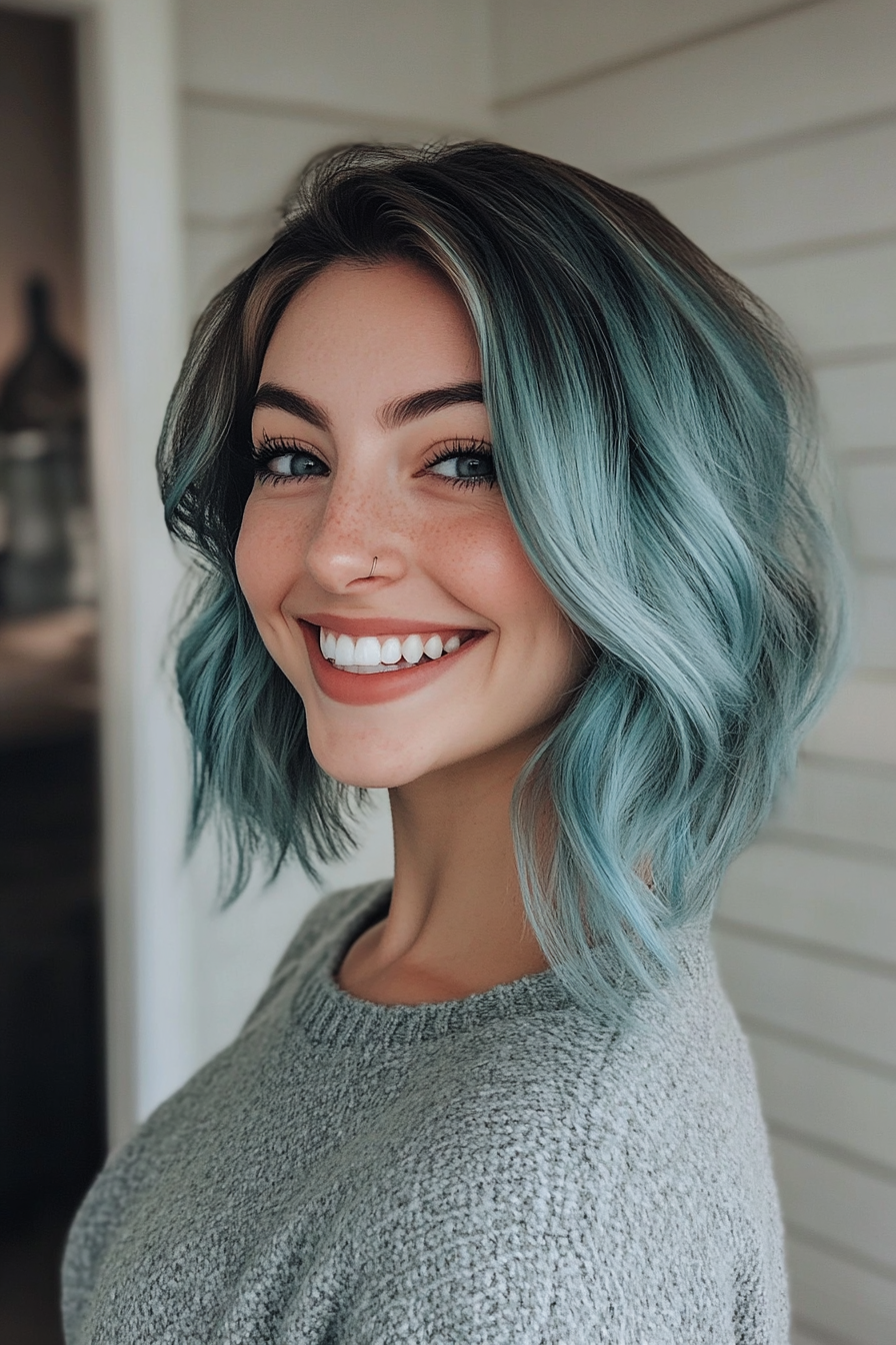 31. Blunt Lob with Ice Blue Highlights (Long Bob Hairstyles) - Long Bob Hairstyles