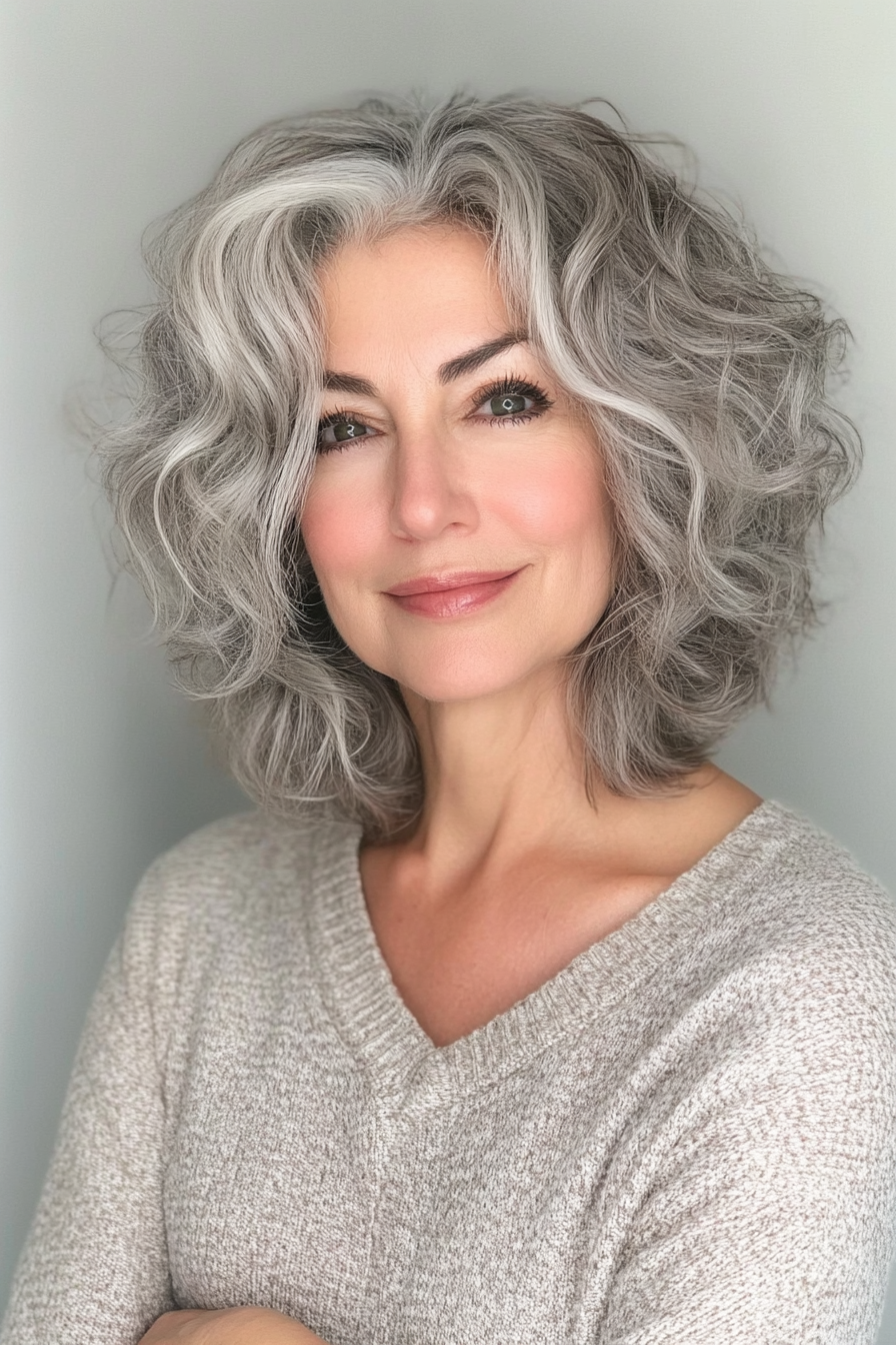 32. Curly Shag with Silver Ombre (Short Curly Hairstyles For Older Women) - Short Curly Hairstyles For Older Women