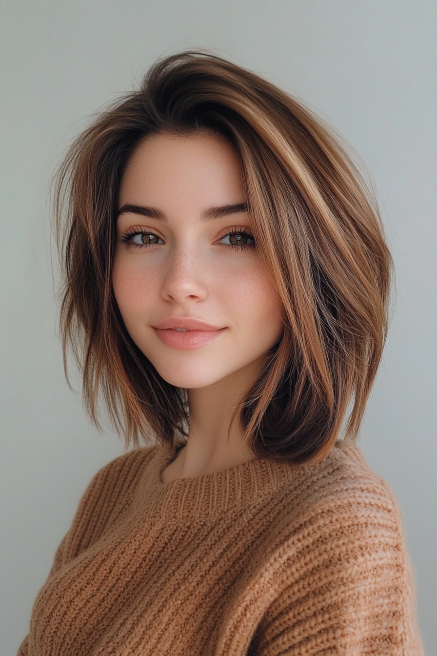 33. Angled Lob in Soft Chestnut (Long Bob Hairstyles) - Long Bob Hairstyles