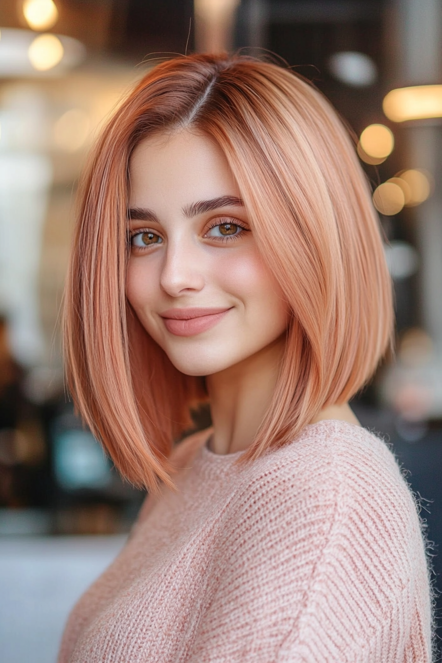 34. Blunt Lob with Peach Balayage (Long Bob Hairstyles) - Long Bob Hairstyles