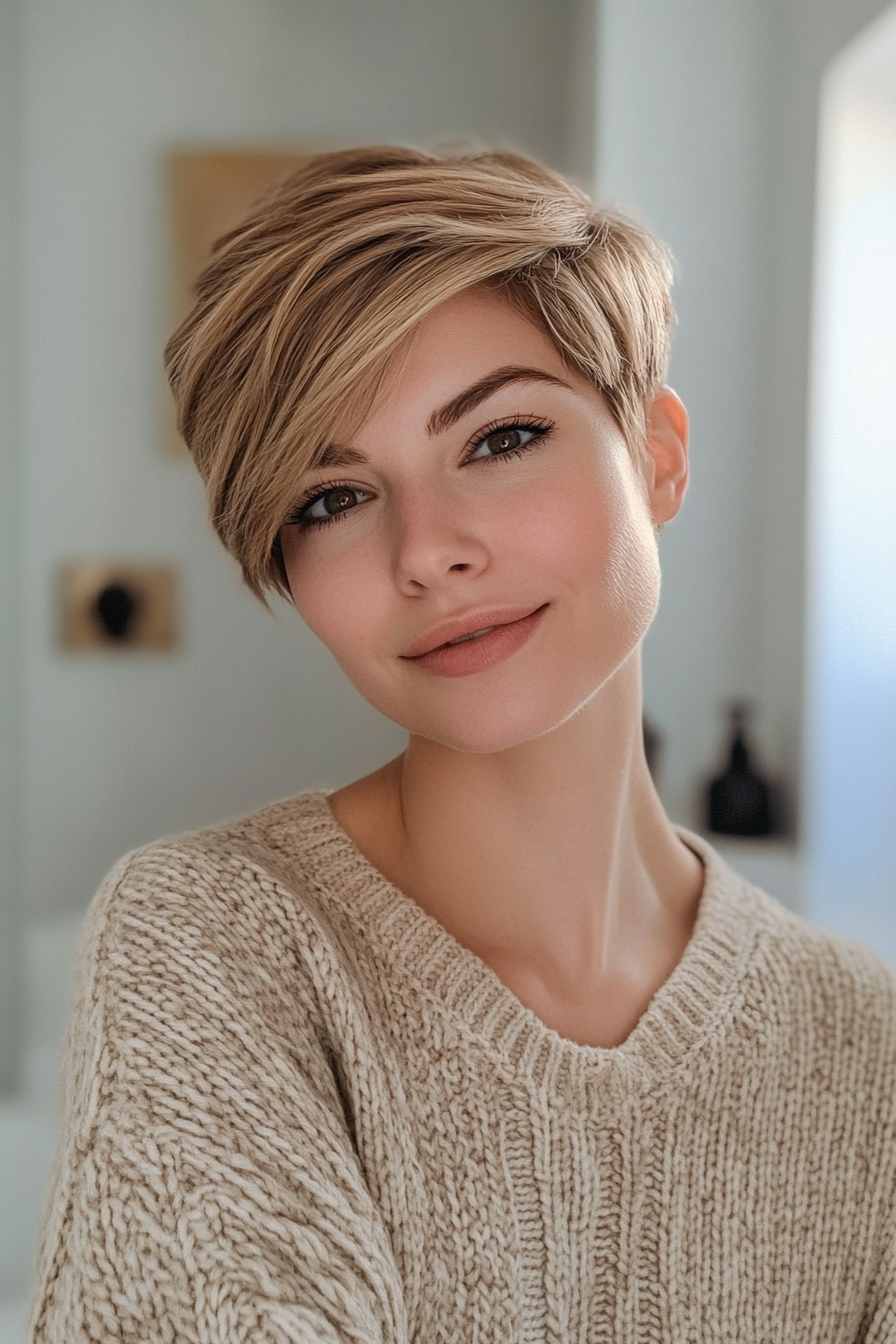 34. Champagne Beige Pixie with Soft Layers (Long Pixie Cuts) - Long Pixie Cuts