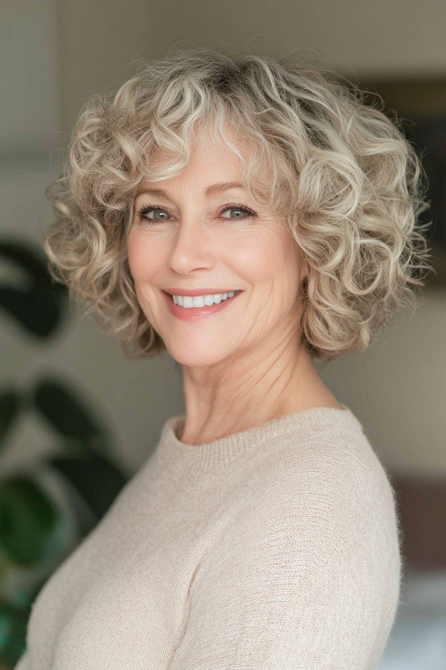 34. Curly Bob with Feathered Ends in Soft Blonde (Short Curly Hairstyles For Older Women) - Short Curly Hairstyles For Older Women