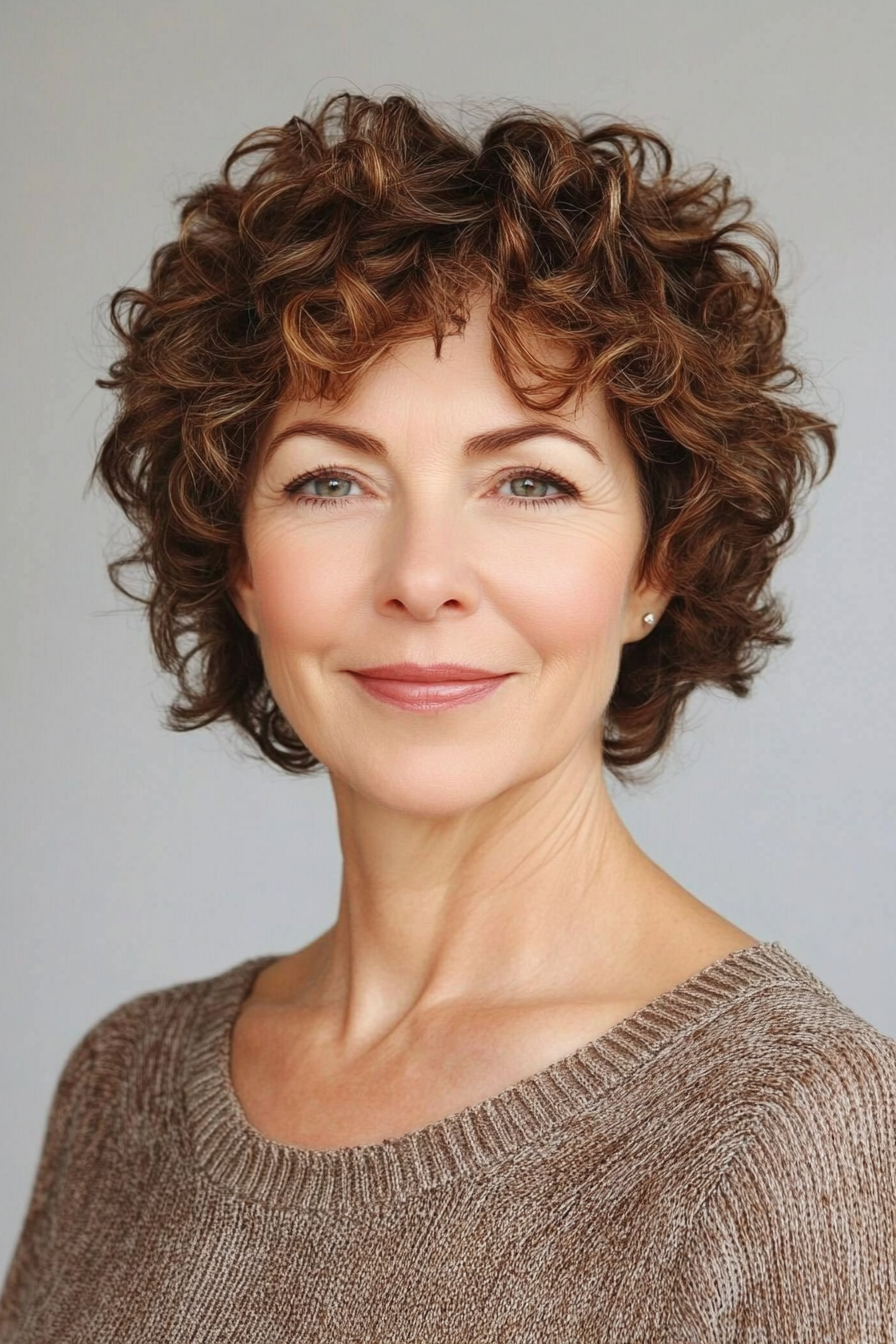 4. Mini Curly Wedge Cut in Warm Brown (Short Curly Hairstyles For Older Women) - Short Curly Hairstyles For Older Women