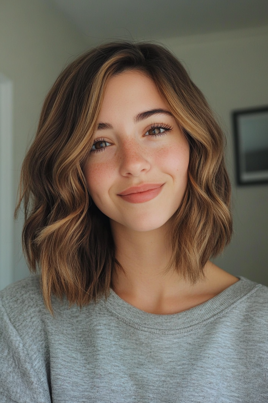 7. Angled Lob with Chestnut Brown Highlights (Long Bob Hairstyles) - Long Bob Hairstyles