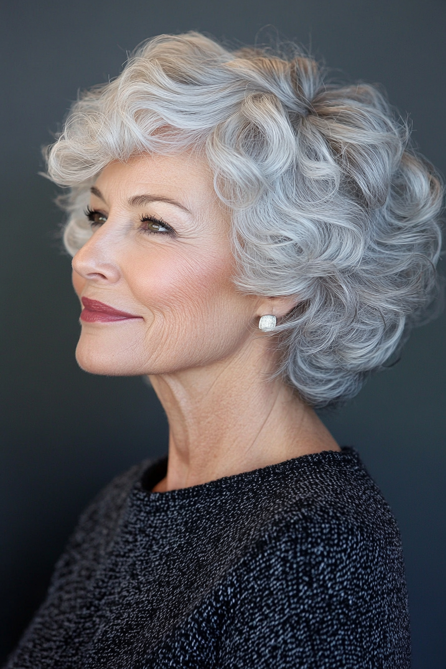 8. Voluminous Gray Curls for Winter Elegance (Short Curly Hairstyles For Older Women) - Short Curly Hairstyles For Older Women
