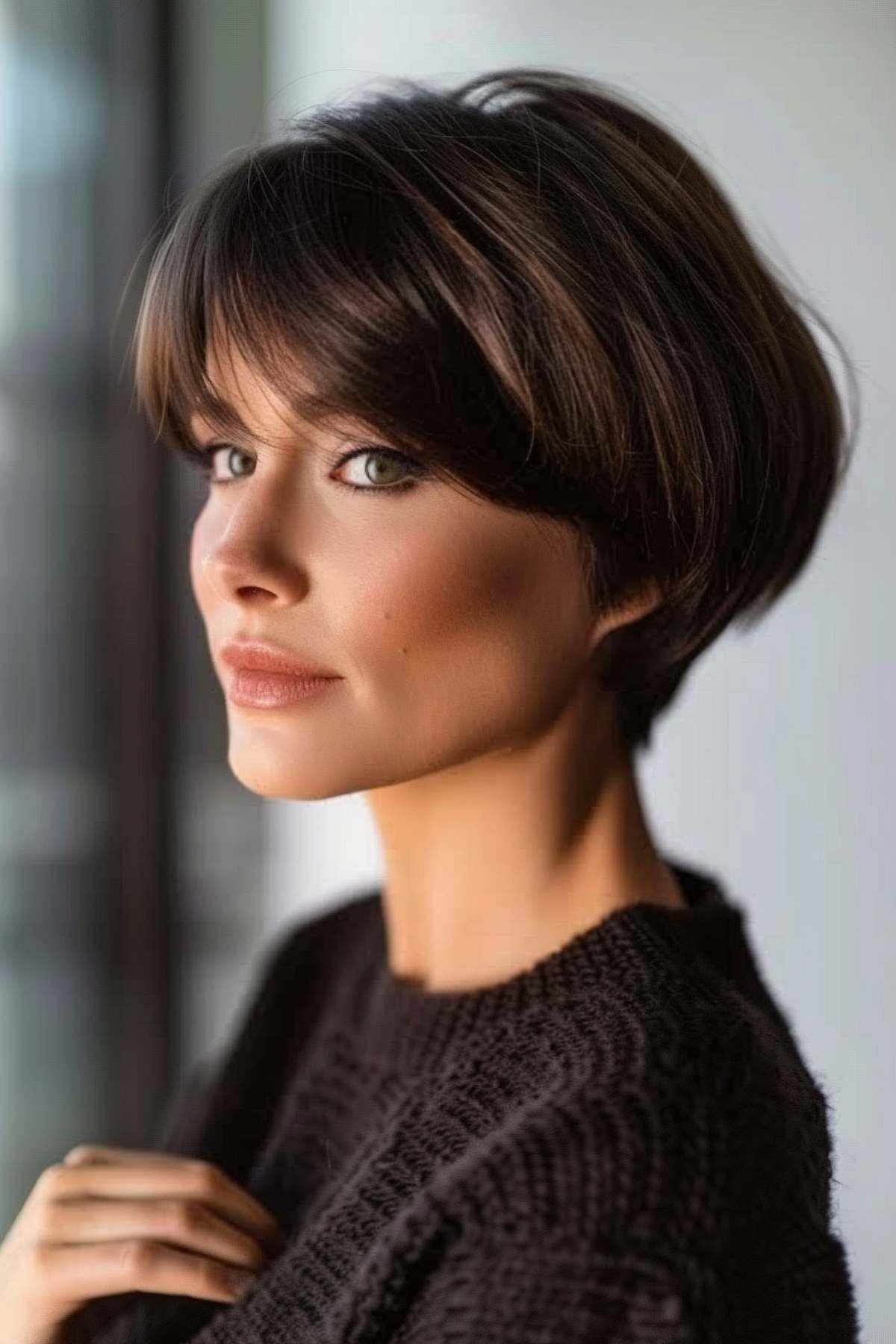 Woman with an angled pixie bob and defined bangs, projecting a sleek and elegant appearance.