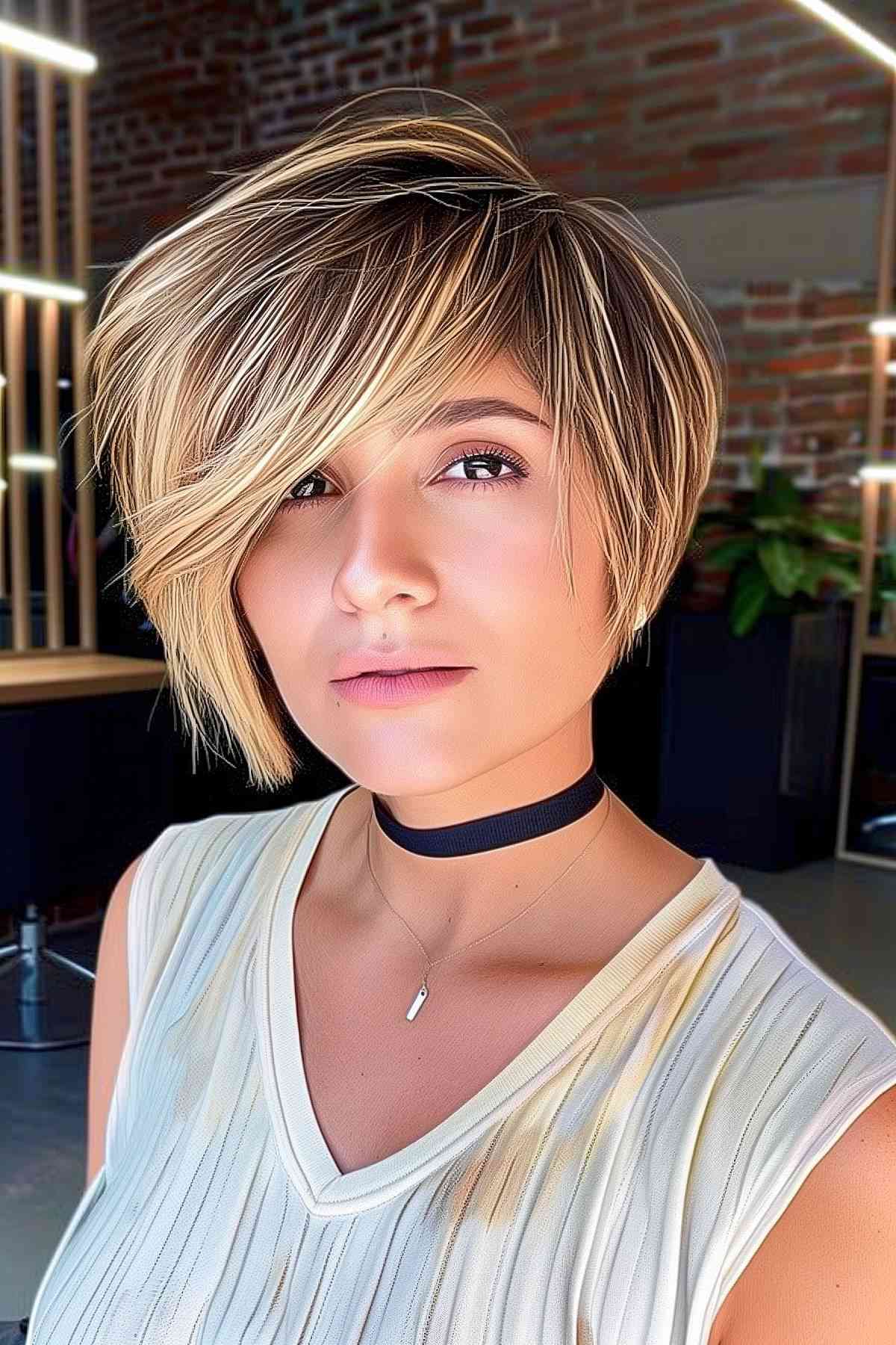 Woman with an asymmetrical pixie bob featuring bold bangs in a modern salon setting.