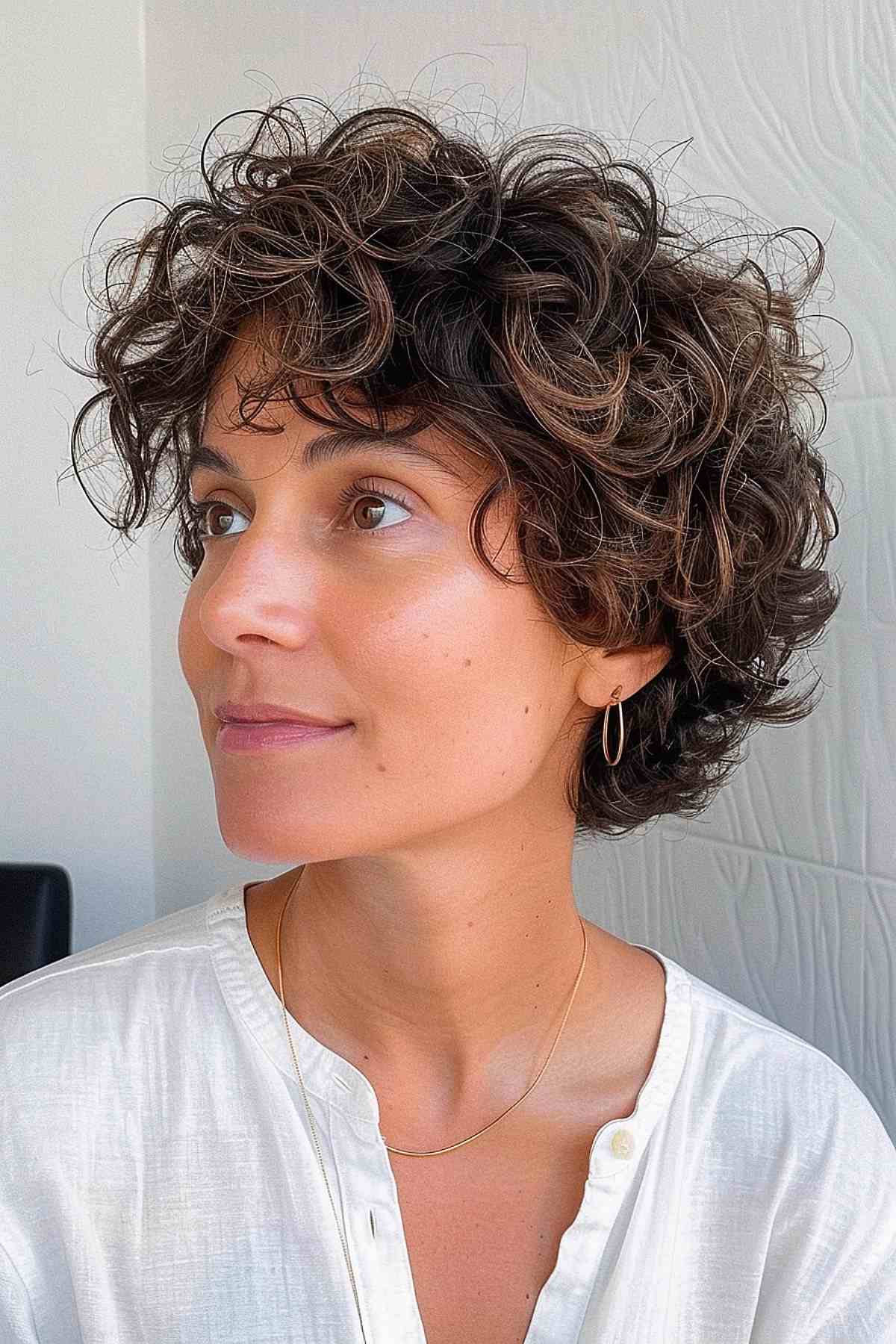 Woman with a curly pixie bob and curled fringe in a light, airy setting.