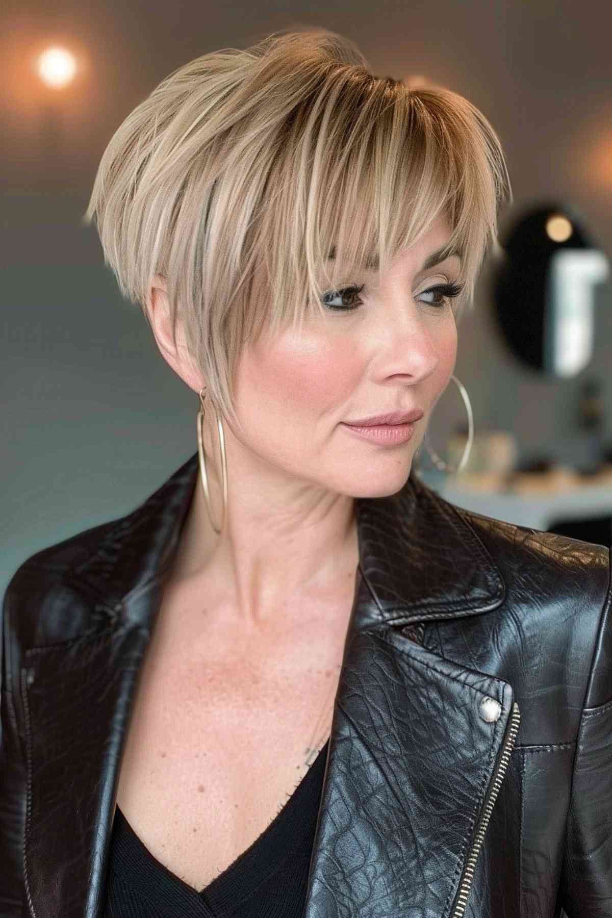 Woman with an inverted pixie bob and structured bangs, featuring highlighted strands.