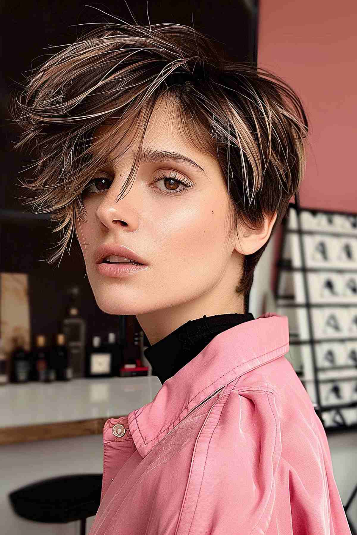 Woman with a modern textured bixie and side bangs, in a stylish pink jacket, showcasing a chic and voluminous hairstyle.