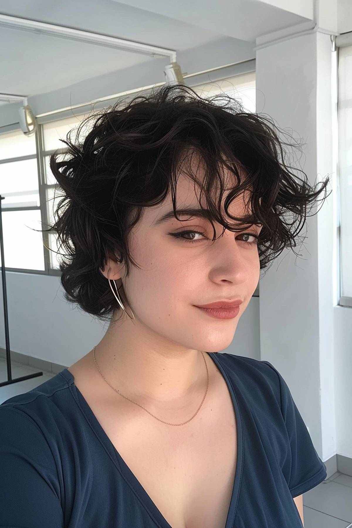 Woman with curly pixie bob and bangs in a casual setting.