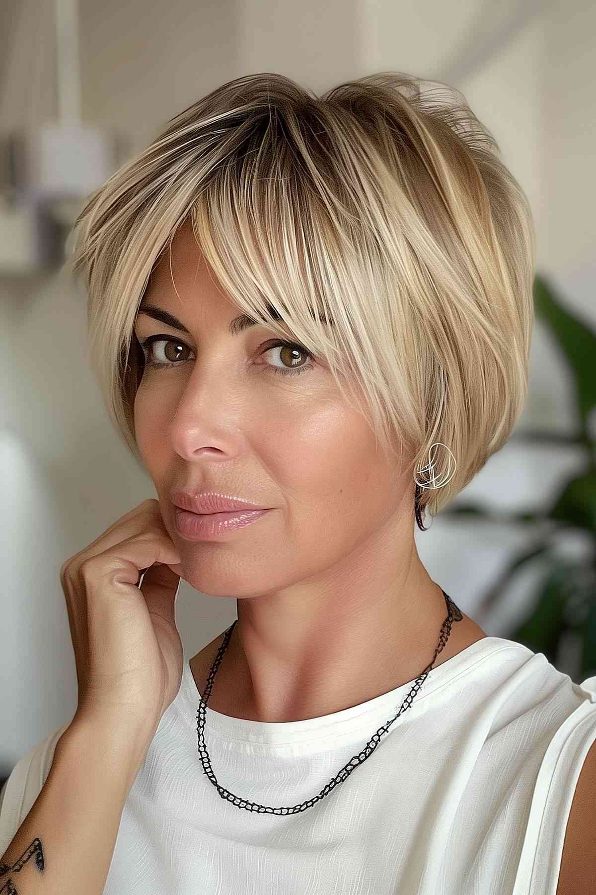 Woman with a pixie bob and soft curtain bangs, highlighted in blonde, in a chic and modern environment.