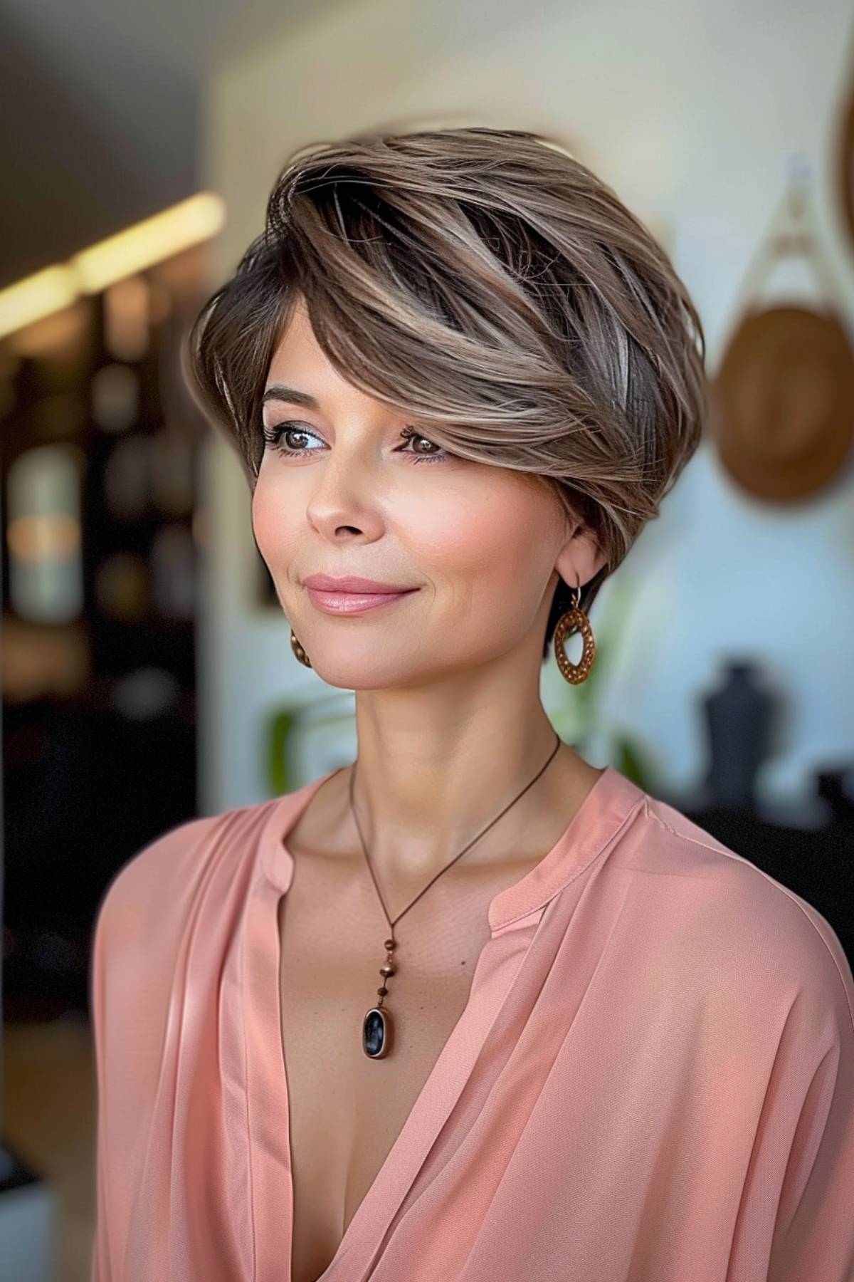 Woman with a pixie bob and elegant side-swept bangs in a light-filled, stylish interior.