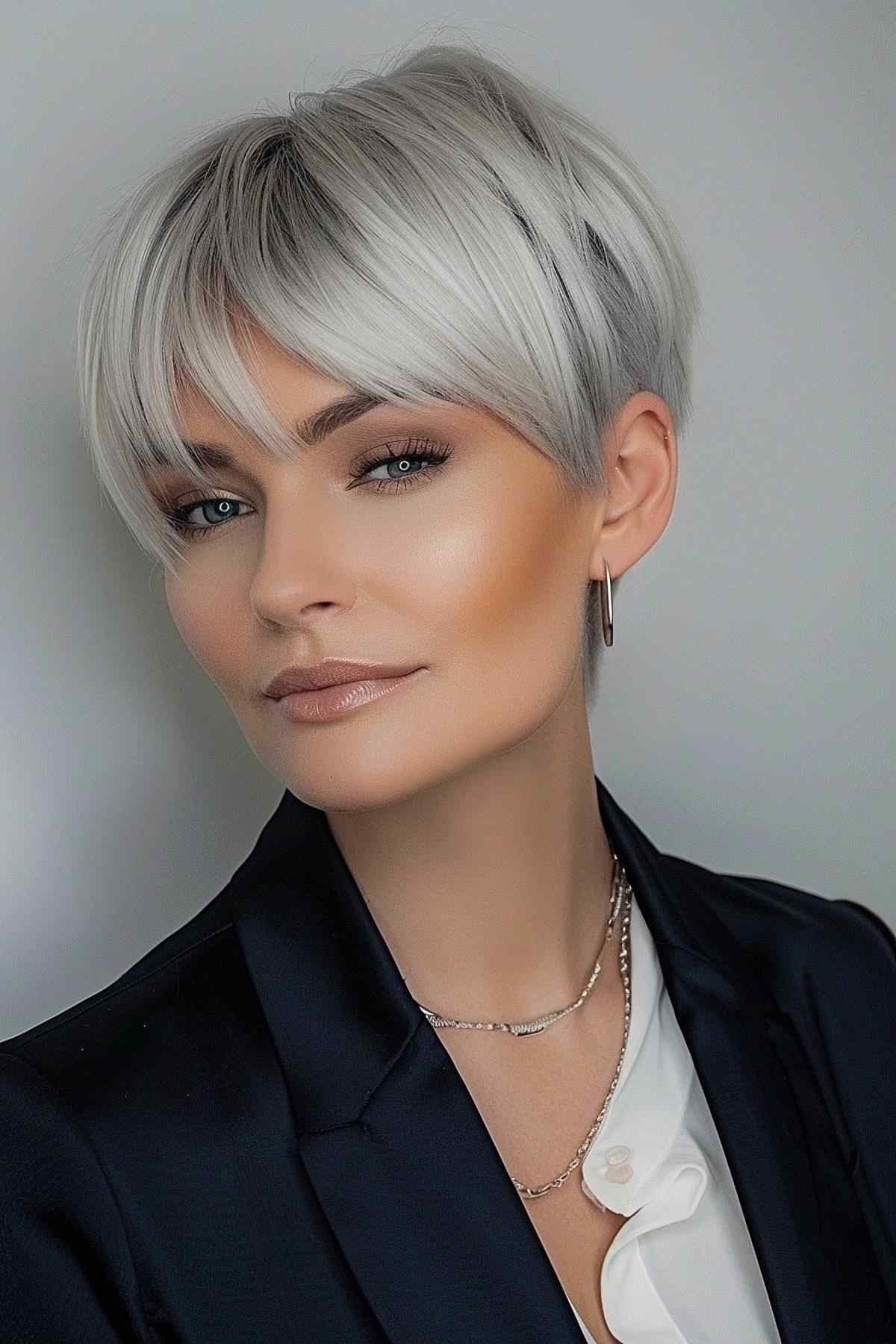 Woman with a sleek rounded pixie bob and full bangs, in cool silver tones.