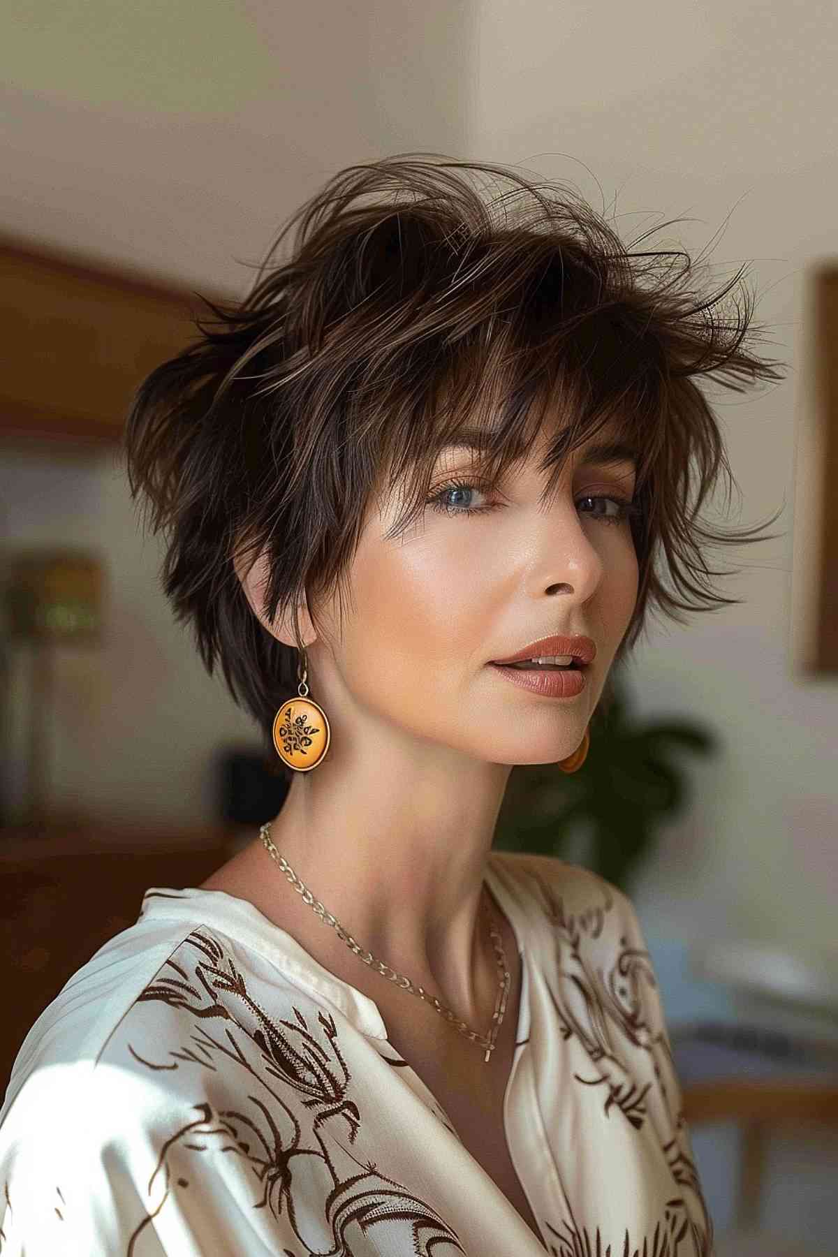 Woman with a shaggy pixie bob and casual bangs in a relaxed, homey atmosphere.