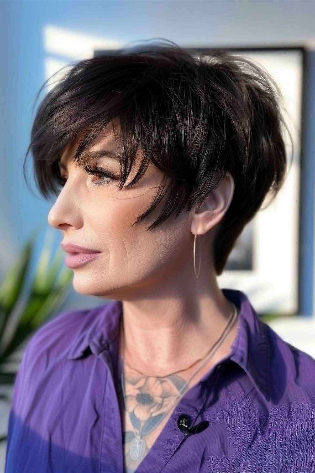 Woman with a short layered pixie bob and playful bangs in sunlight.