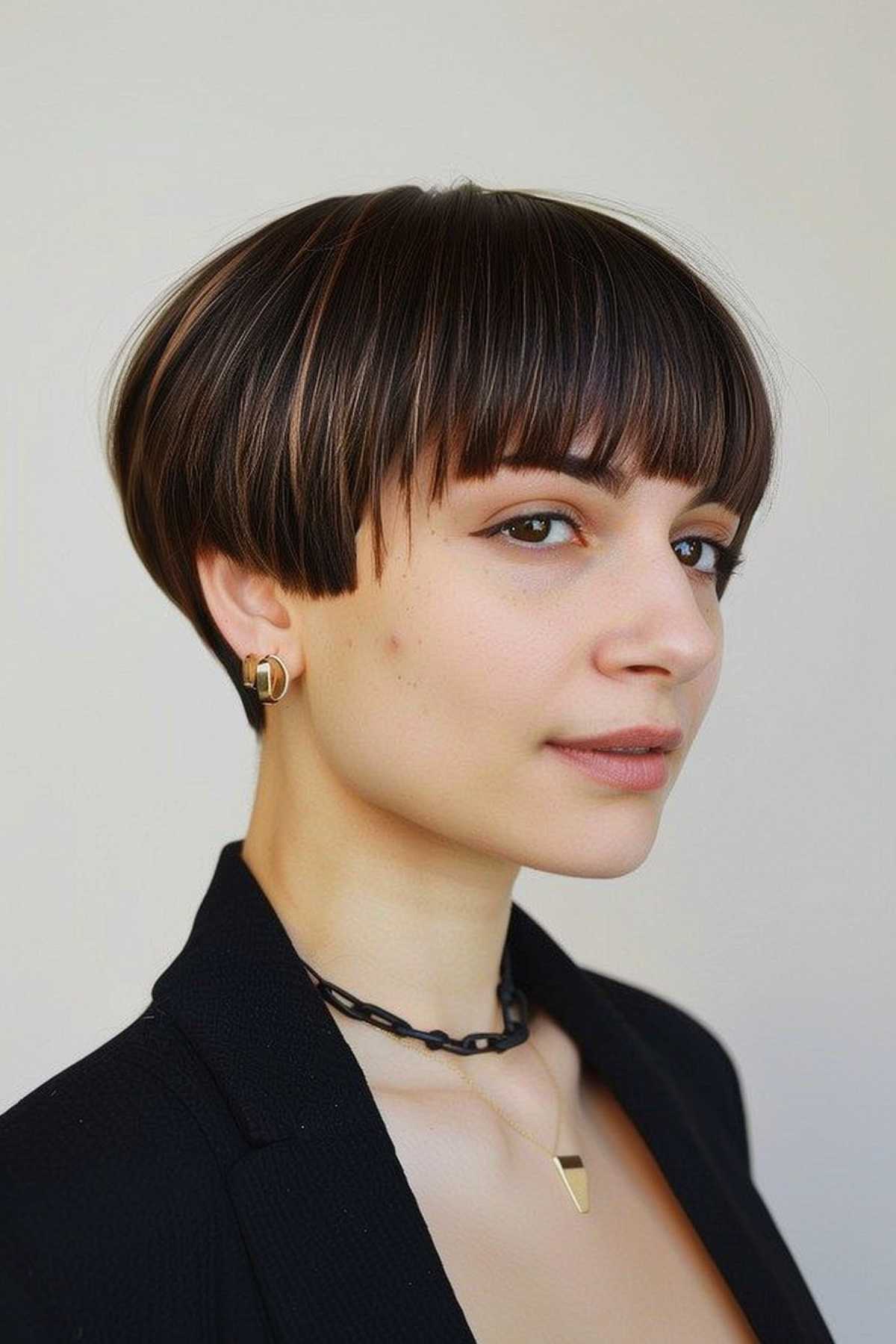 Young woman with a sleek pixie bob and straight bangs, exuding a modern and sophisticated aura.