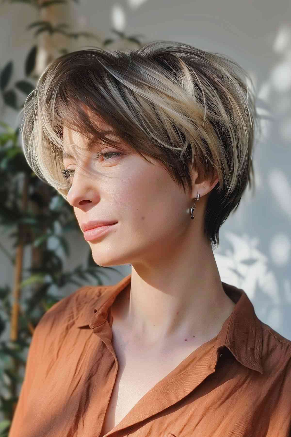 Woman with a textured pixie bob and modern bangs in a casual setting.